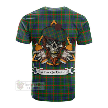 Aiton Tartan Cotton T-shirt with Family Crest and Bearded Skull Holding Bottles of Whiskey - Tartan Vibes Clothing