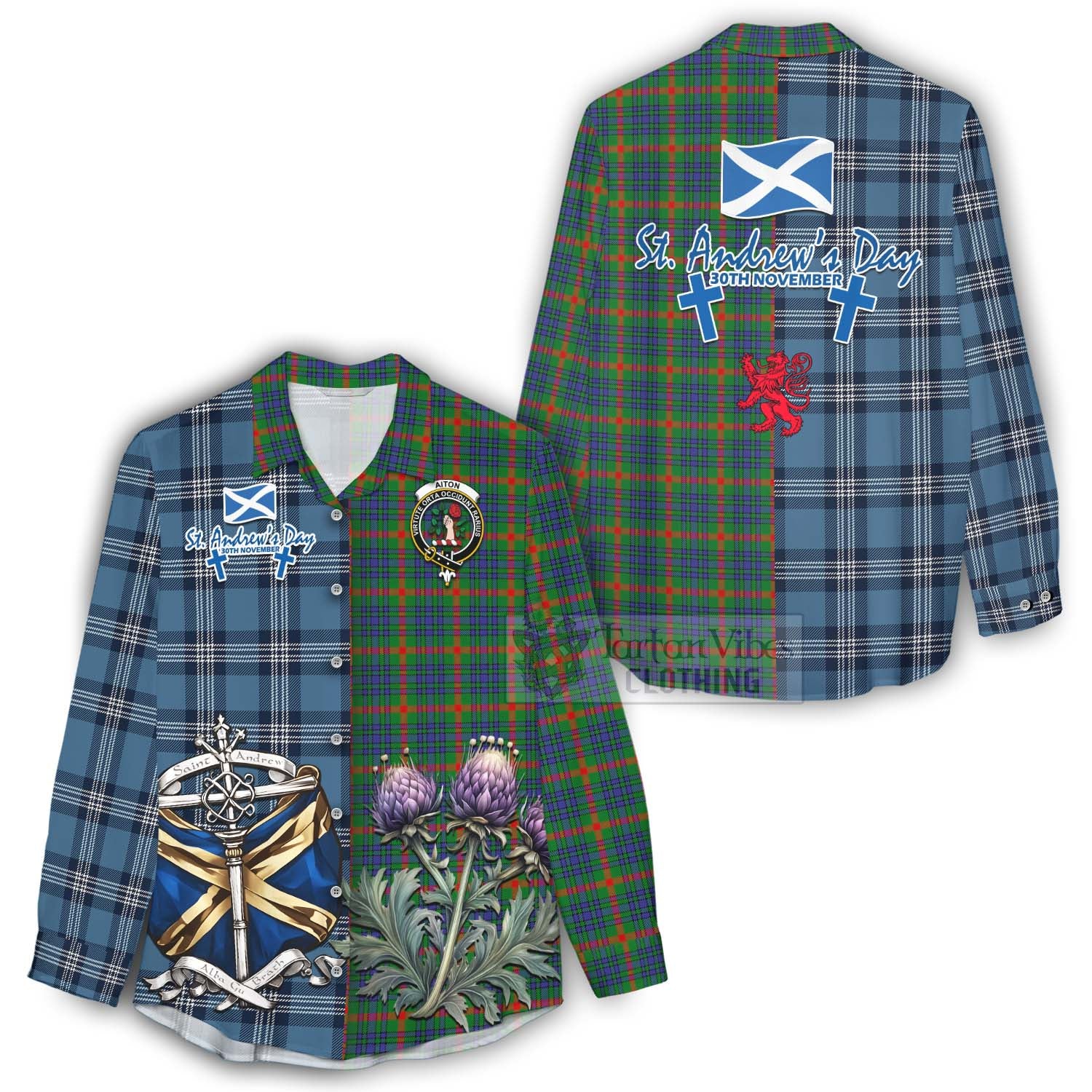 Tartan Vibes Clothing Aiton Tartan Women's Casual Shirt Happy St. Andrew's Day Half Tartan Style