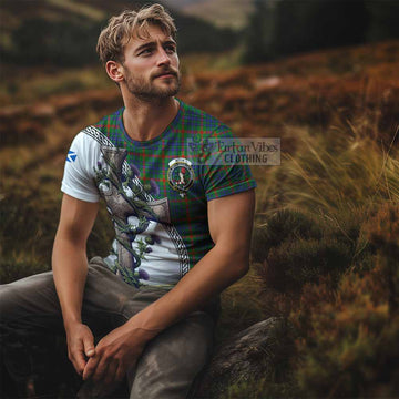 Aiton Tartan T-Shirt with Family Crest and St. Andrew's Cross Accented by Thistle Vines