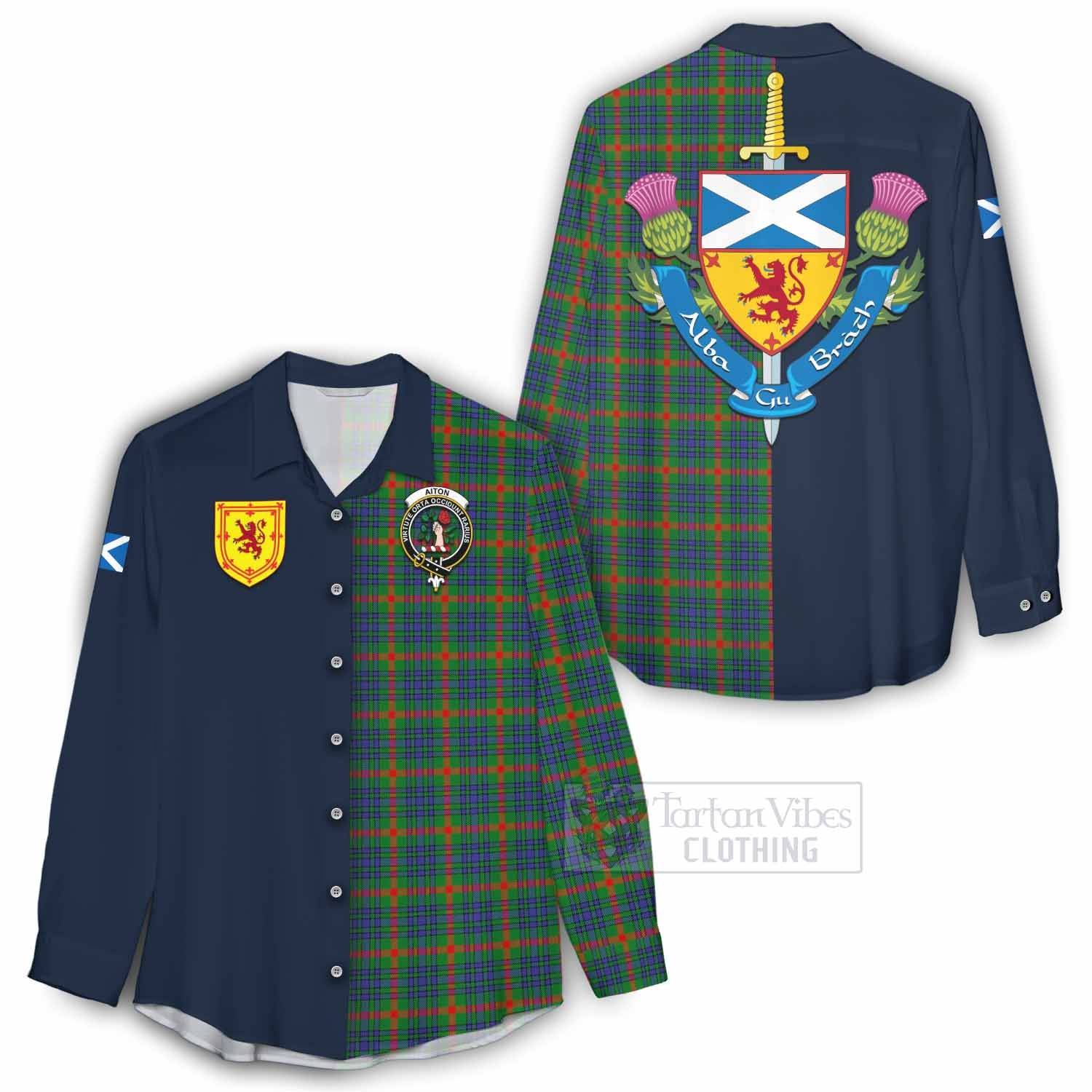 Tartan Vibes Clothing Aiton Tartan Women's Casual Shirt Alba with Scottish Lion Royal Arm Half Style