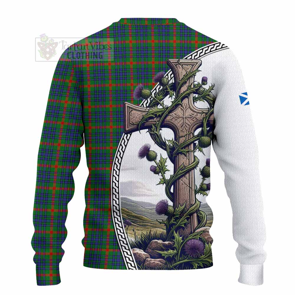 Tartan Vibes Clothing Aiton Tartan Knitted Sweater with Family Crest and St. Andrew's Cross Accented by Thistle Vines