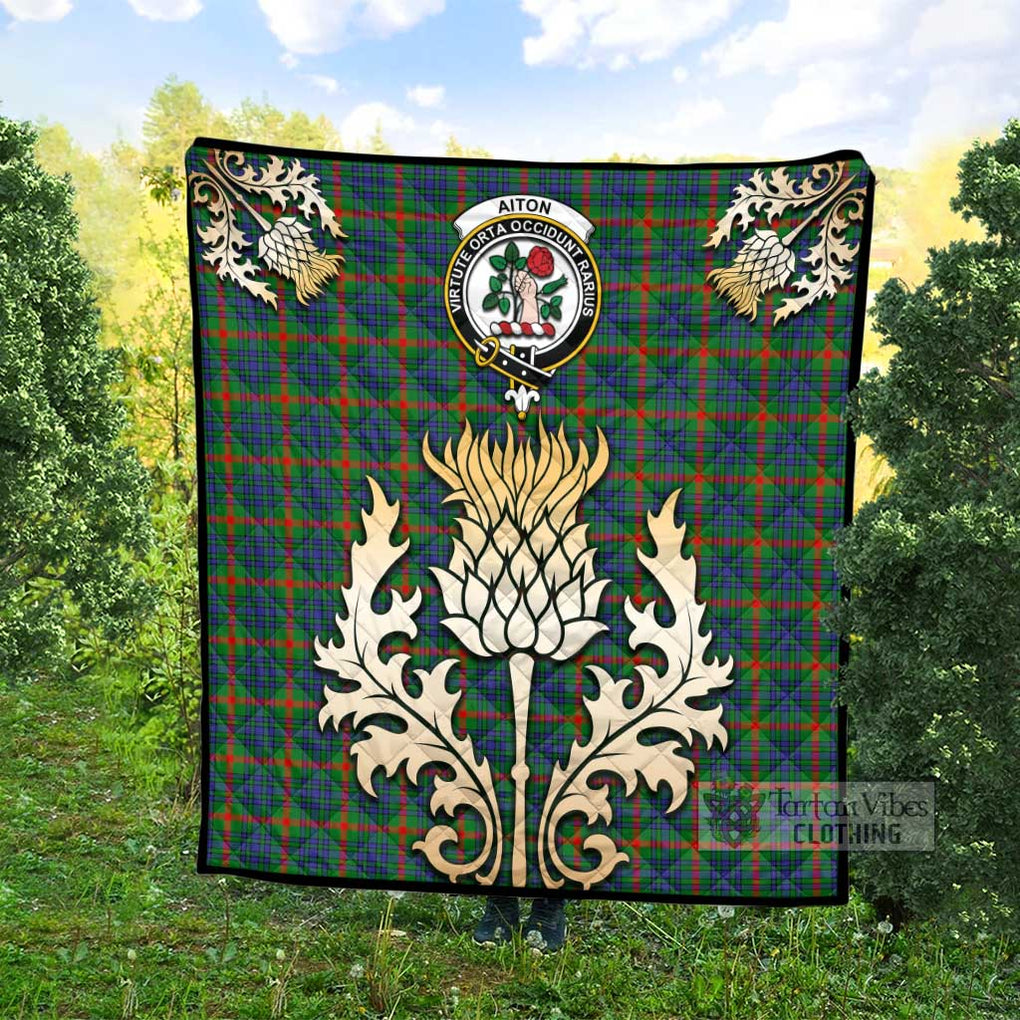 Tartan Vibes Clothing Aiton Tartan Quilt with Family Crest and Golden Thistle Style