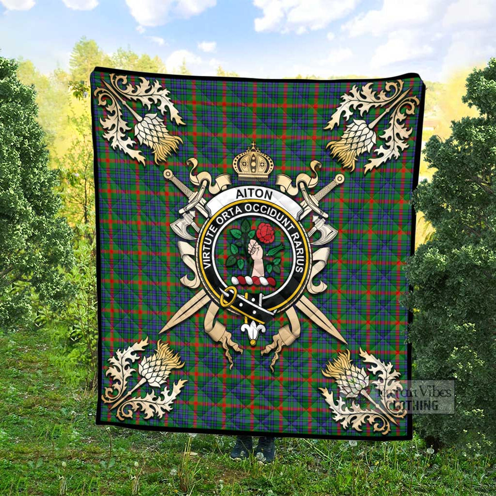 Tartan Vibes Clothing Aiton Tartan Quilt with Family Crest and Scottish Golden Courage Shield