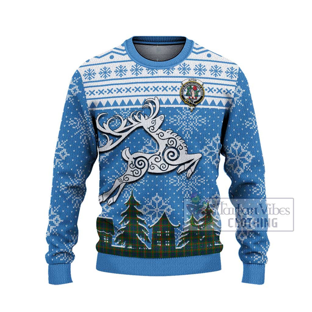 Tartan Vibes Clothing Aiton Clan Christmas Ugly Sweater with Tartan and Celtic Raindeer Style