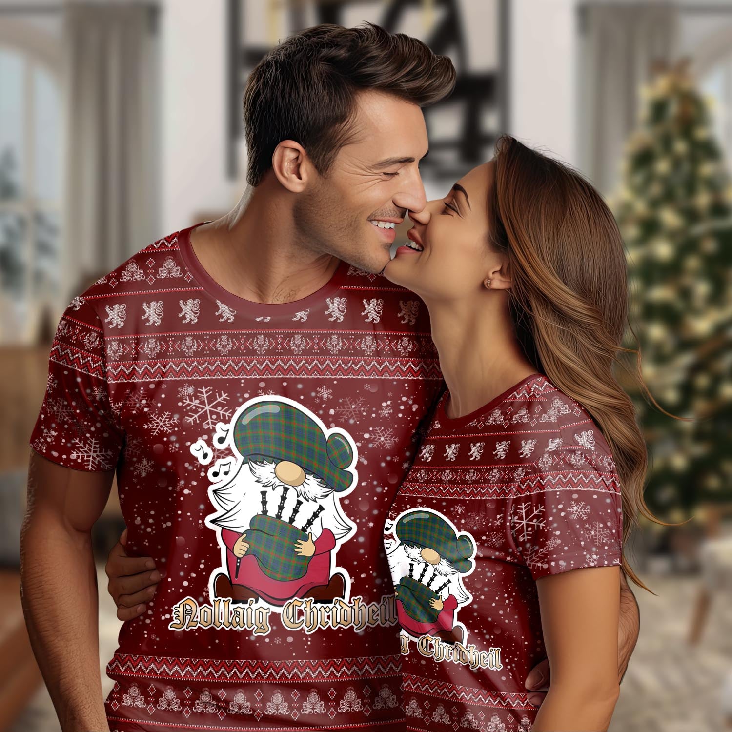 Aiton Clan Christmas Family T-Shirt with Funny Gnome Playing Bagpipes Women's Shirt Red - Tartanvibesclothing