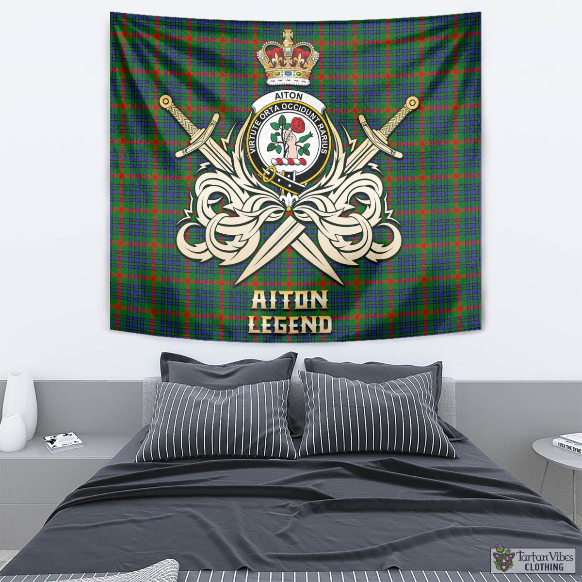 Tartan Vibes Clothing Aiton Tartan Tapestry with Clan Crest and the Golden Sword of Courageous Legacy