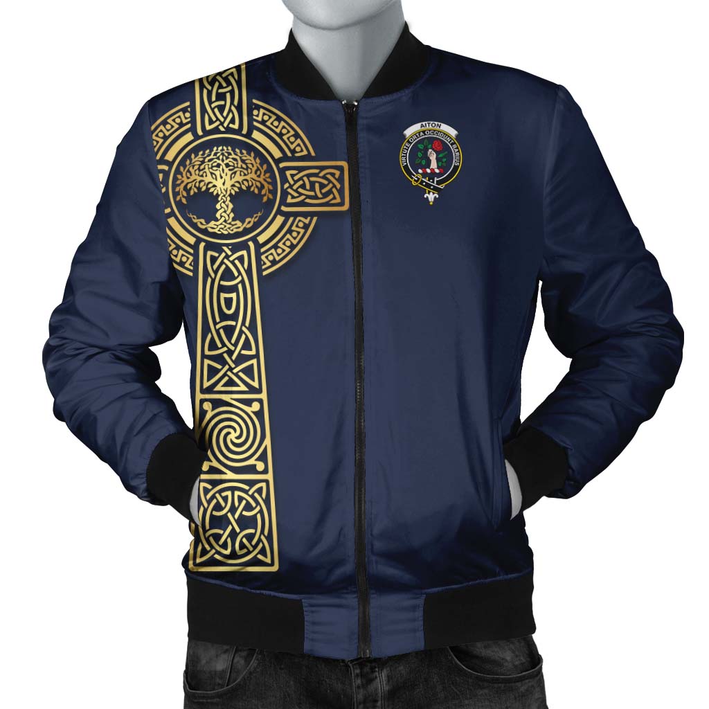 Aiton Clan Bomber Jacket with Golden Celtic Tree Of Life Unisex Navy - Tartanvibesclothing