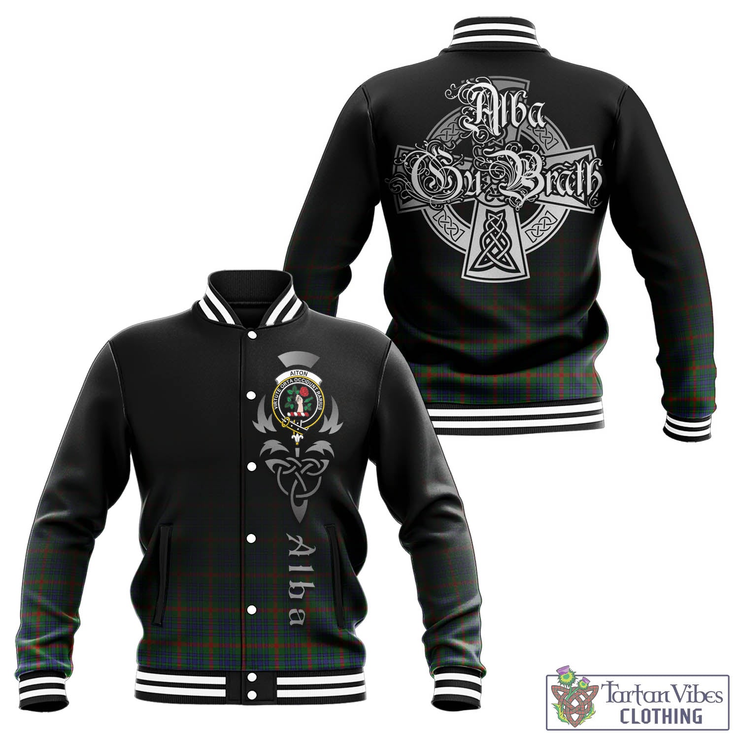 Tartan Vibes Clothing Aiton Tartan Baseball Jacket Featuring Alba Gu Brath Family Crest Celtic Inspired