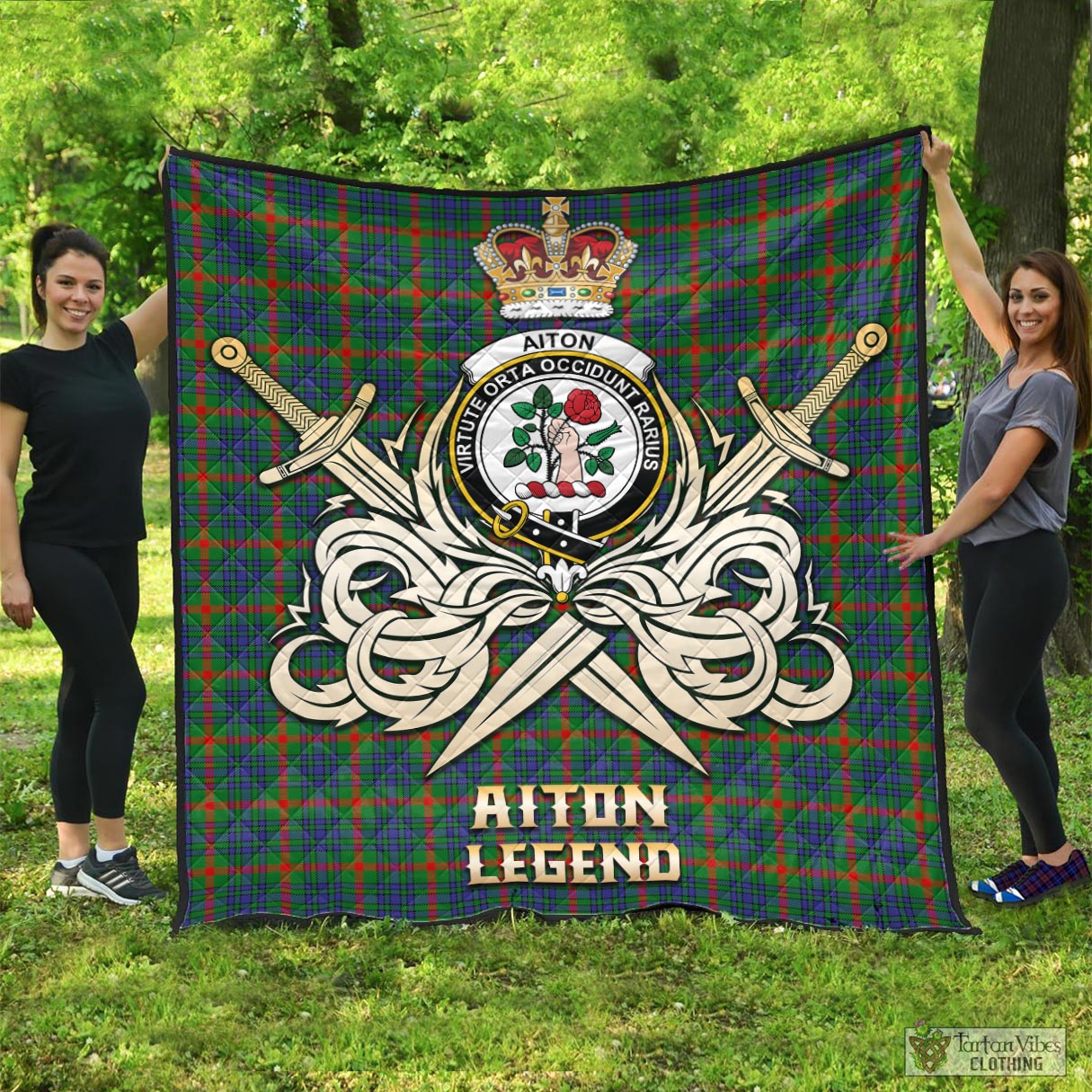 Tartan Vibes Clothing Aiton Tartan Quilt with Clan Crest and the Golden Sword of Courageous Legacy