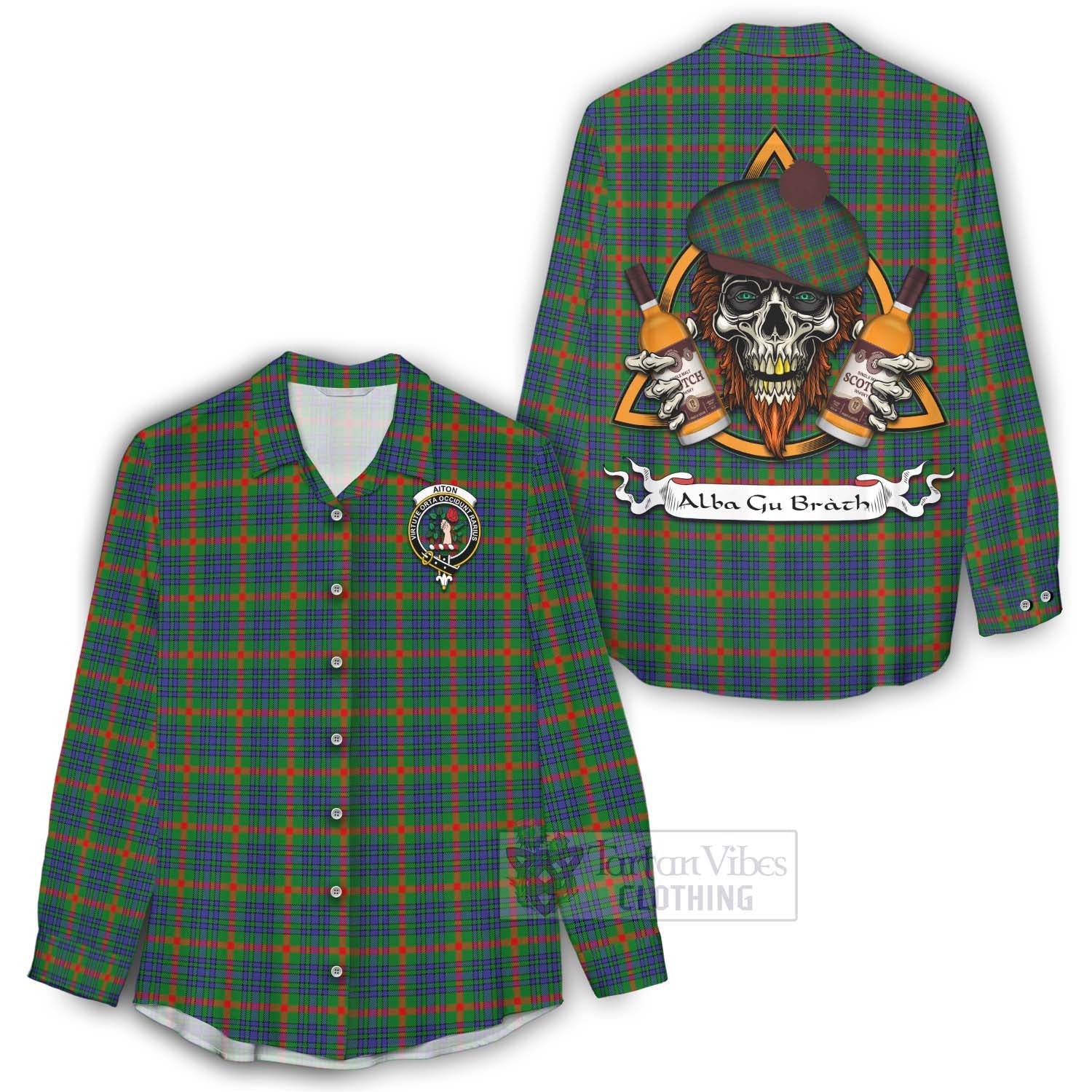 Tartan Vibes Clothing Aiton Tartan Women's Casual Shirt with Family Crest and Bearded Skull Holding Bottles of Whiskey