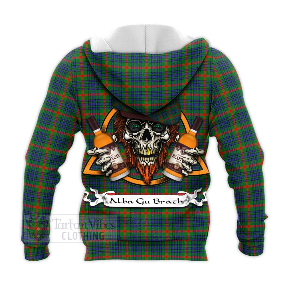 Tartan Vibes Clothing Aiton Tartan Knitted Hoodie with Family Crest and Bearded Skull Holding Bottles of Whiskey