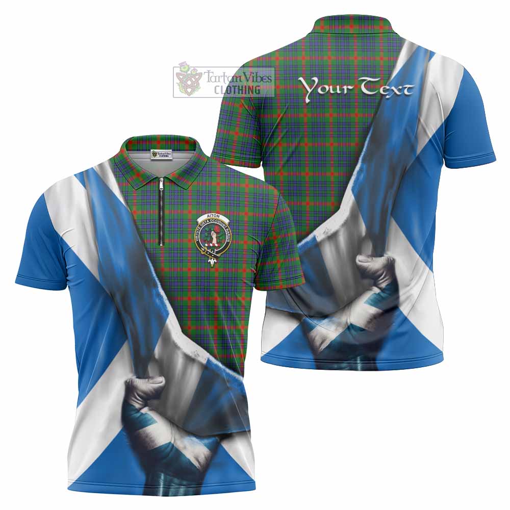 Tartan Vibes Clothing Aiton Tartan Zipper Polo Shirt with Family Crest Scotland Patriotic Style