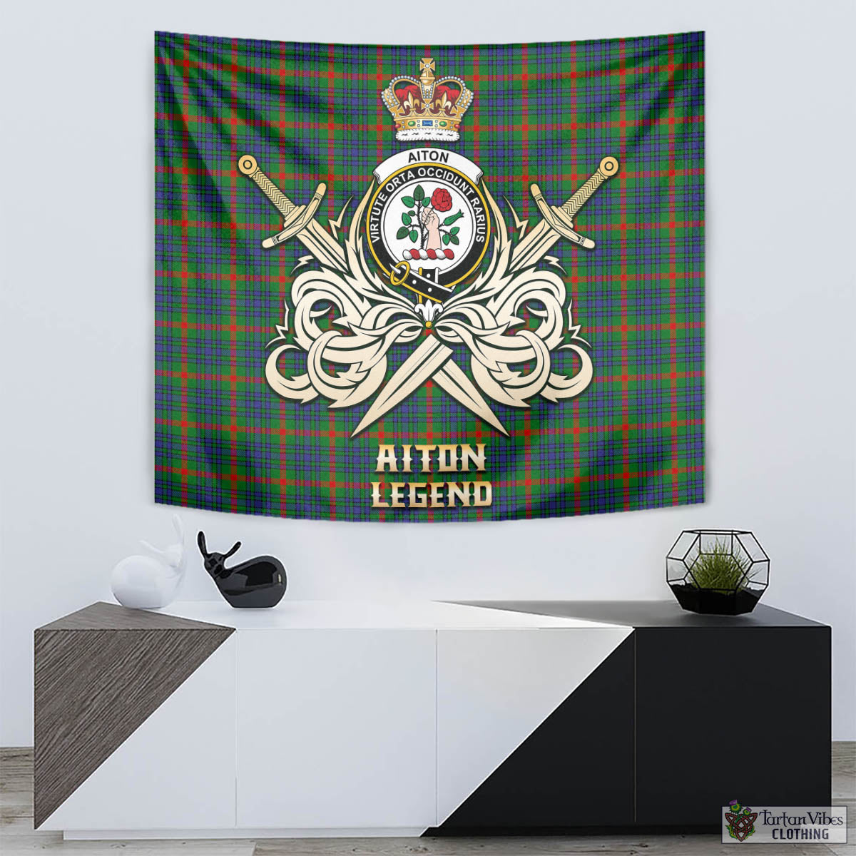 Tartan Vibes Clothing Aiton Tartan Tapestry with Clan Crest and the Golden Sword of Courageous Legacy