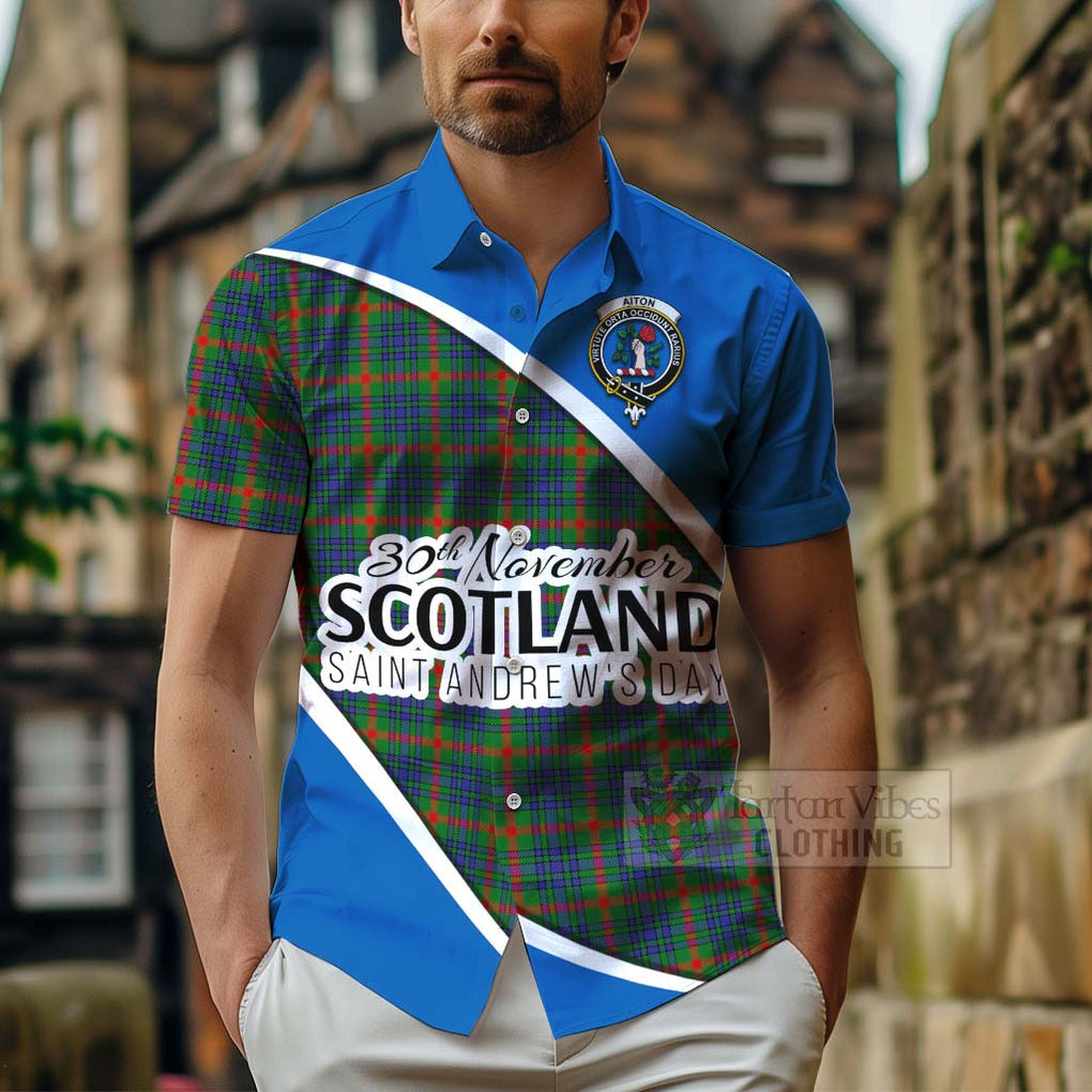 Tartan Vibes Clothing Aiton Family Crest Tartan Short Sleeve Button Shirt Celebrate Saint Andrew's Day in Style