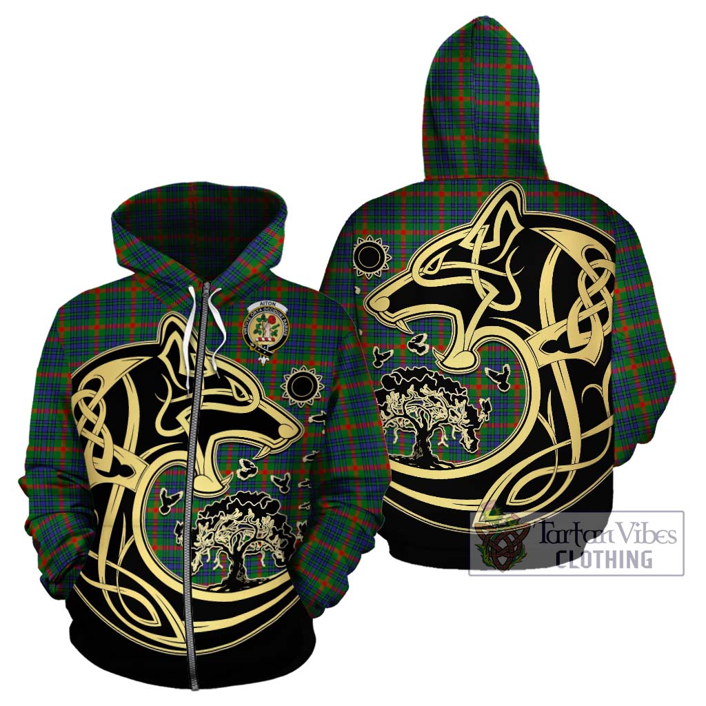 Tartan Vibes Clothing Aiton Tartan Hoodie with Family Crest Celtic Wolf Style