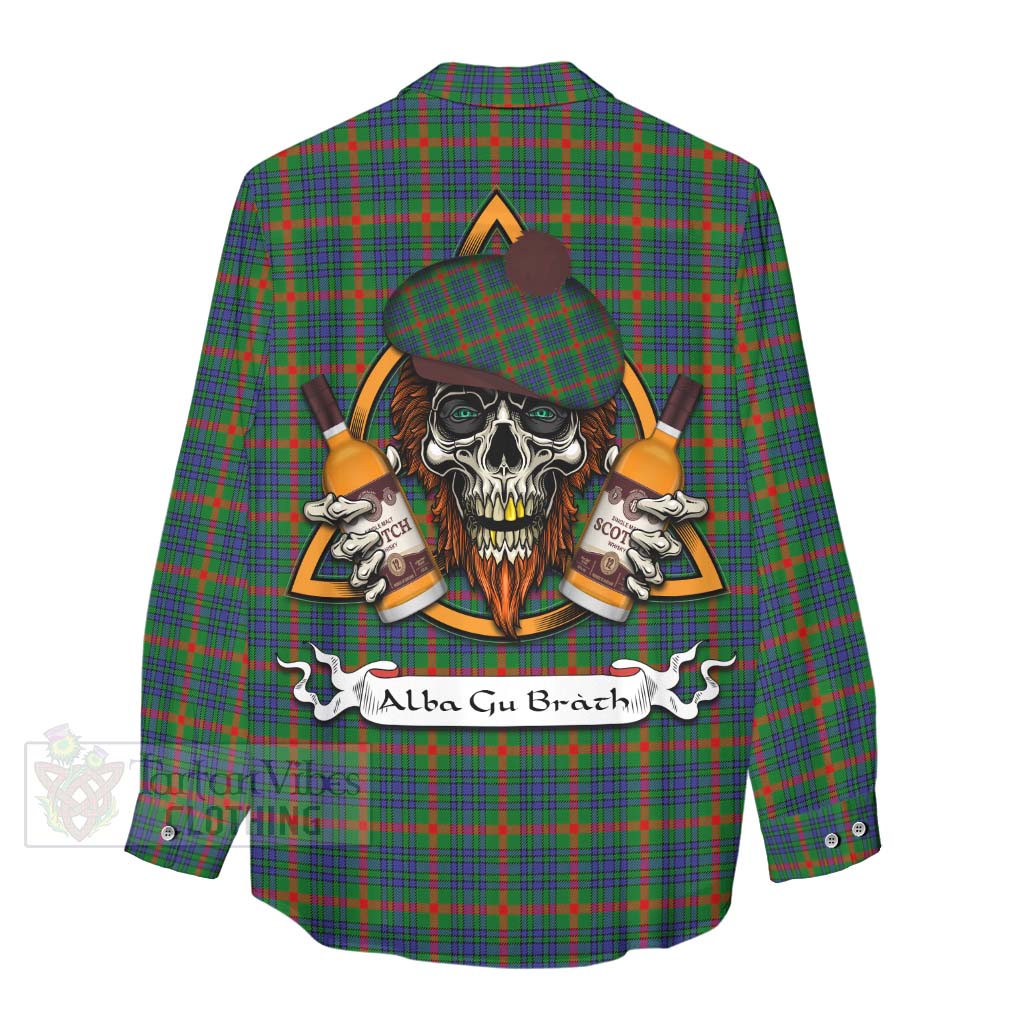 Tartan Vibes Clothing Aiton Tartan Women's Casual Shirt with Family Crest and Bearded Skull Holding Bottles of Whiskey