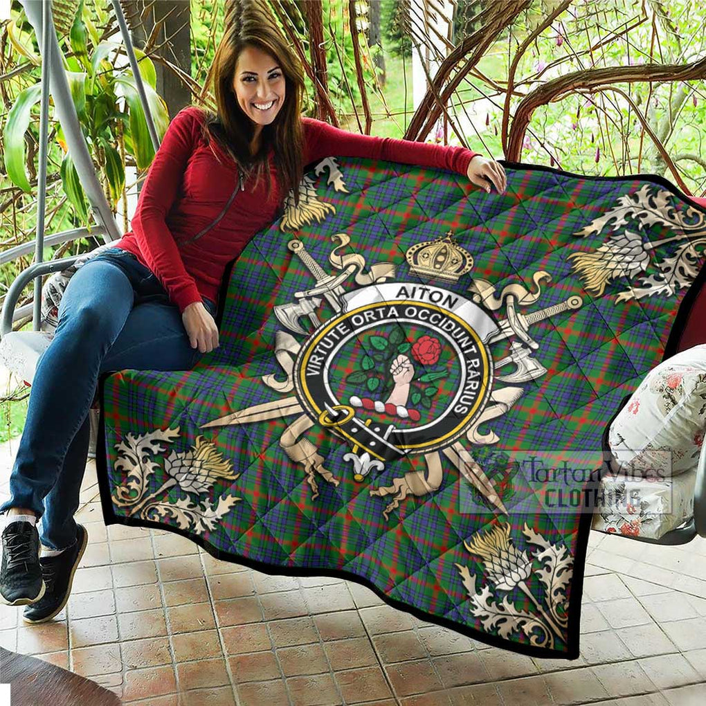 Tartan Vibes Clothing Aiton Tartan Quilt with Family Crest and Scottish Golden Courage Shield