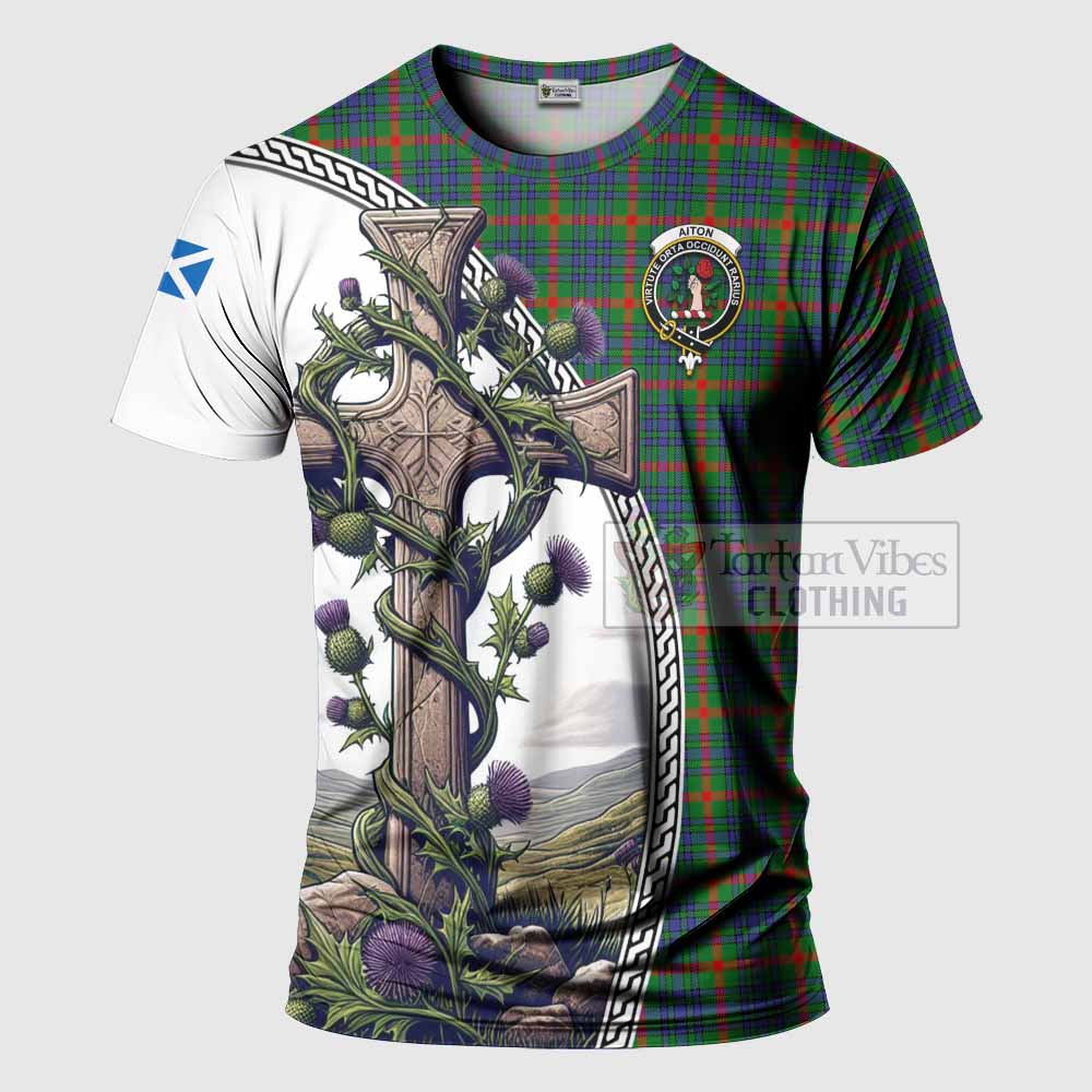 Tartan Vibes Clothing Aiton Agnew Tartan T-Shirt with Family Crest and St. Andrew's Cross Accented by Thistle Vines