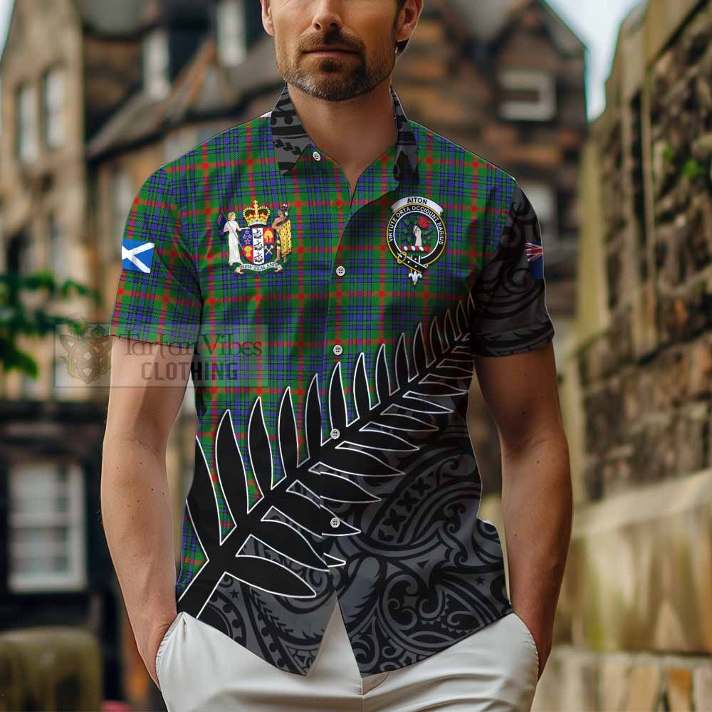 Tartan Vibes Clothing Aiton Crest Tartan Short Sleeve Button Shirt with New Zealand Silver Fern Half Style