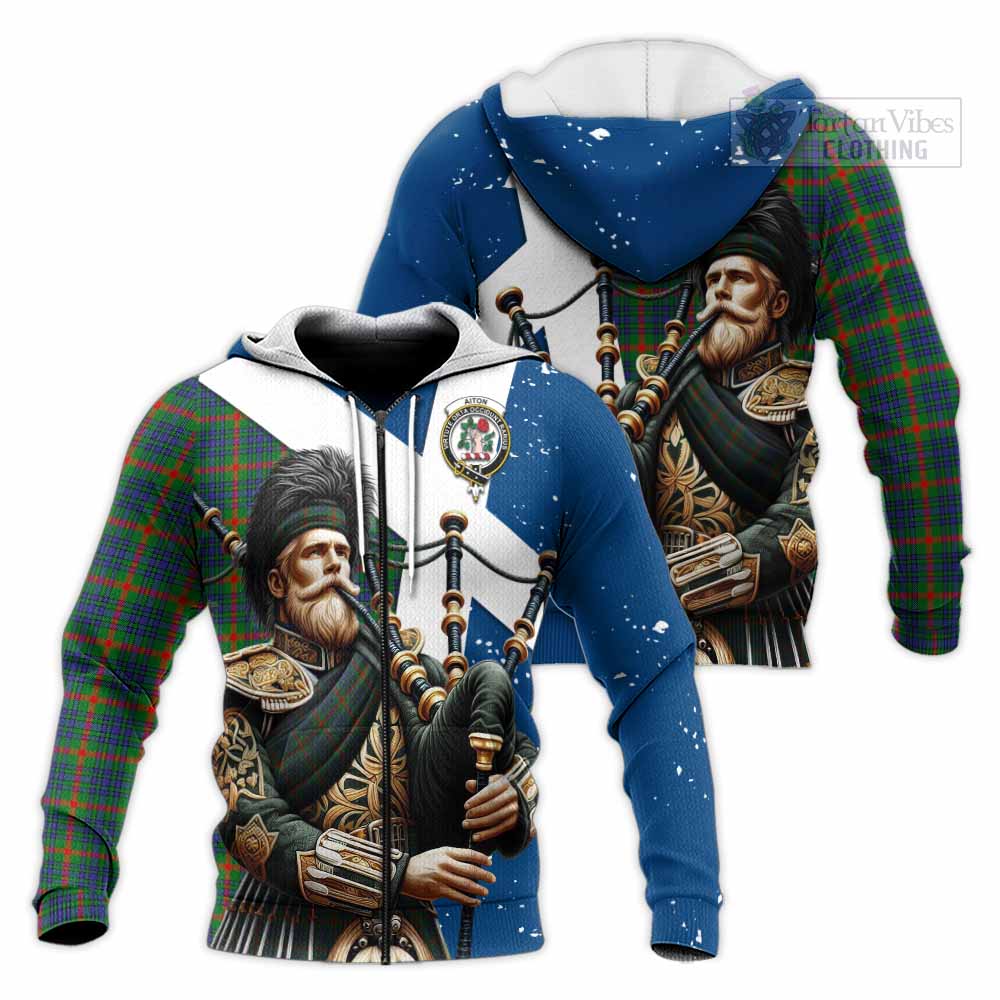 Tartan Vibes Clothing Aiton Tartan Knitted Hoodie with Family Crest Scottish Bagpiper Vibes