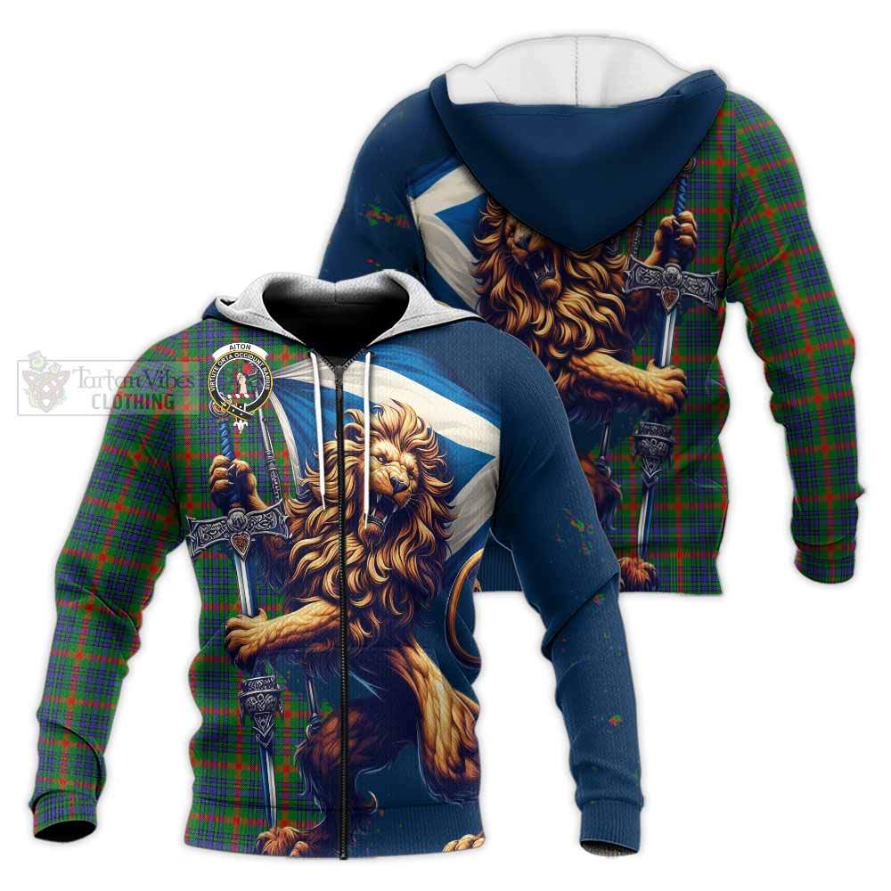 Tartan Vibes Clothing Aiton Tartan Family Crest Knitted Hoodie with Scottish Majestic Lion