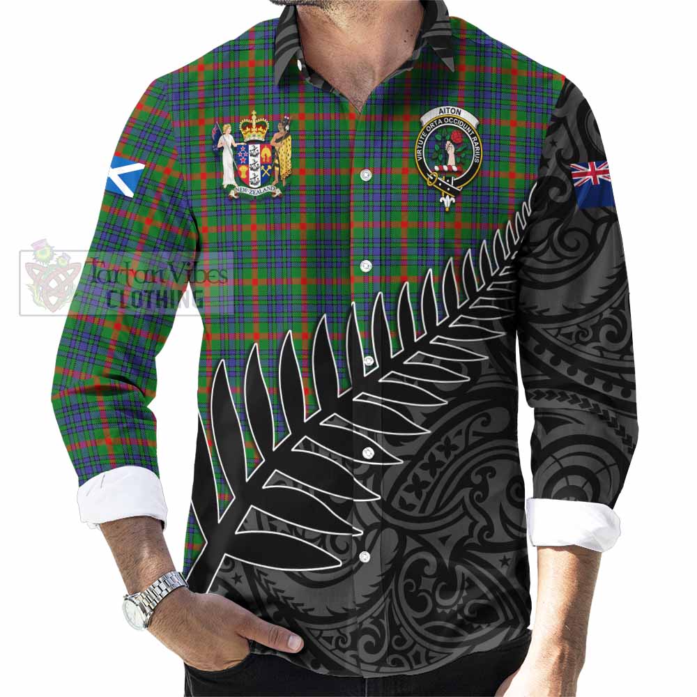 Tartan Vibes Clothing Aiton Crest Tartan Long Sleeve Button Shirt with New Zealand Silver Fern Half Style