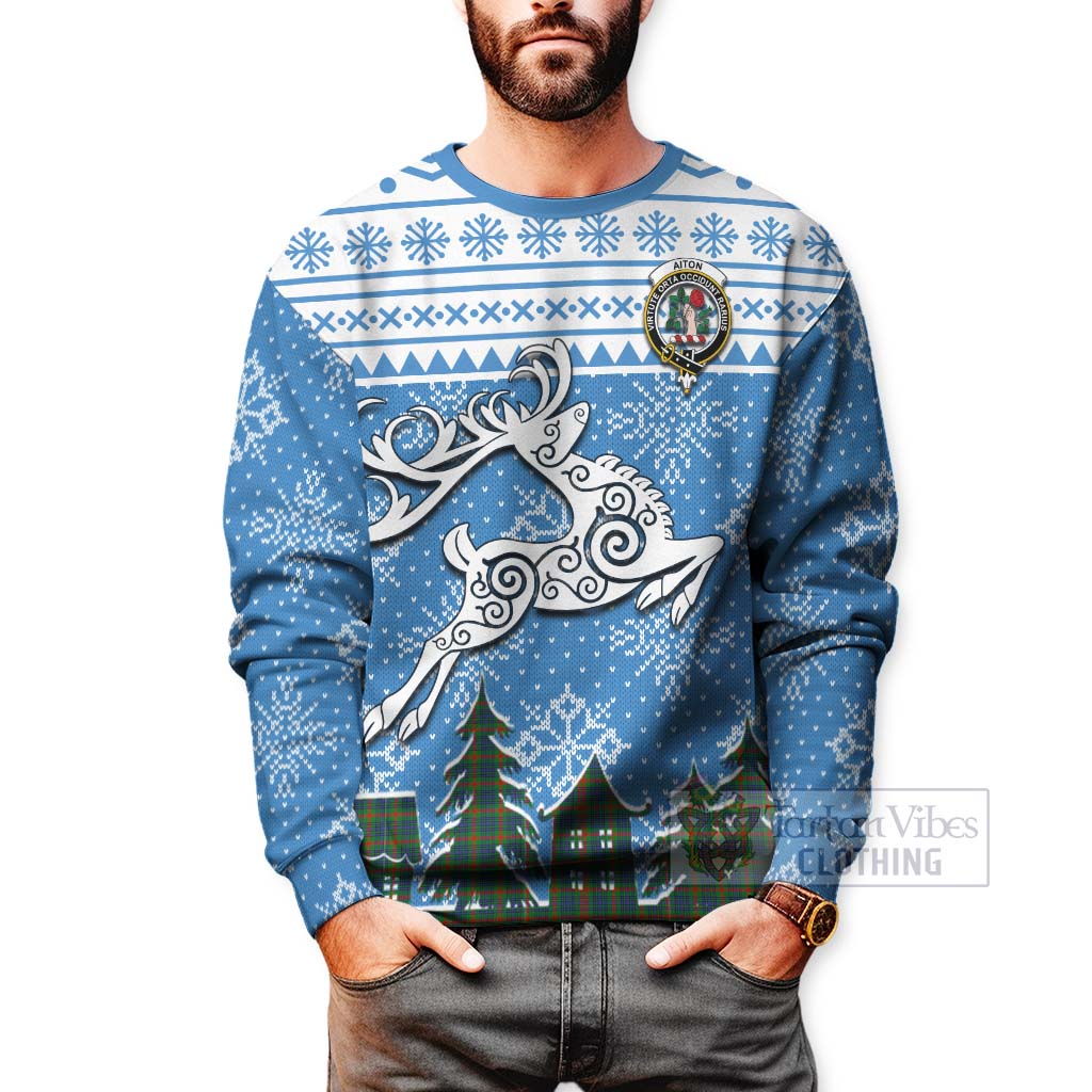 Tartan Vibes Clothing Aiton Clan Christmas Sweatshirt Celtic Reindeer Style