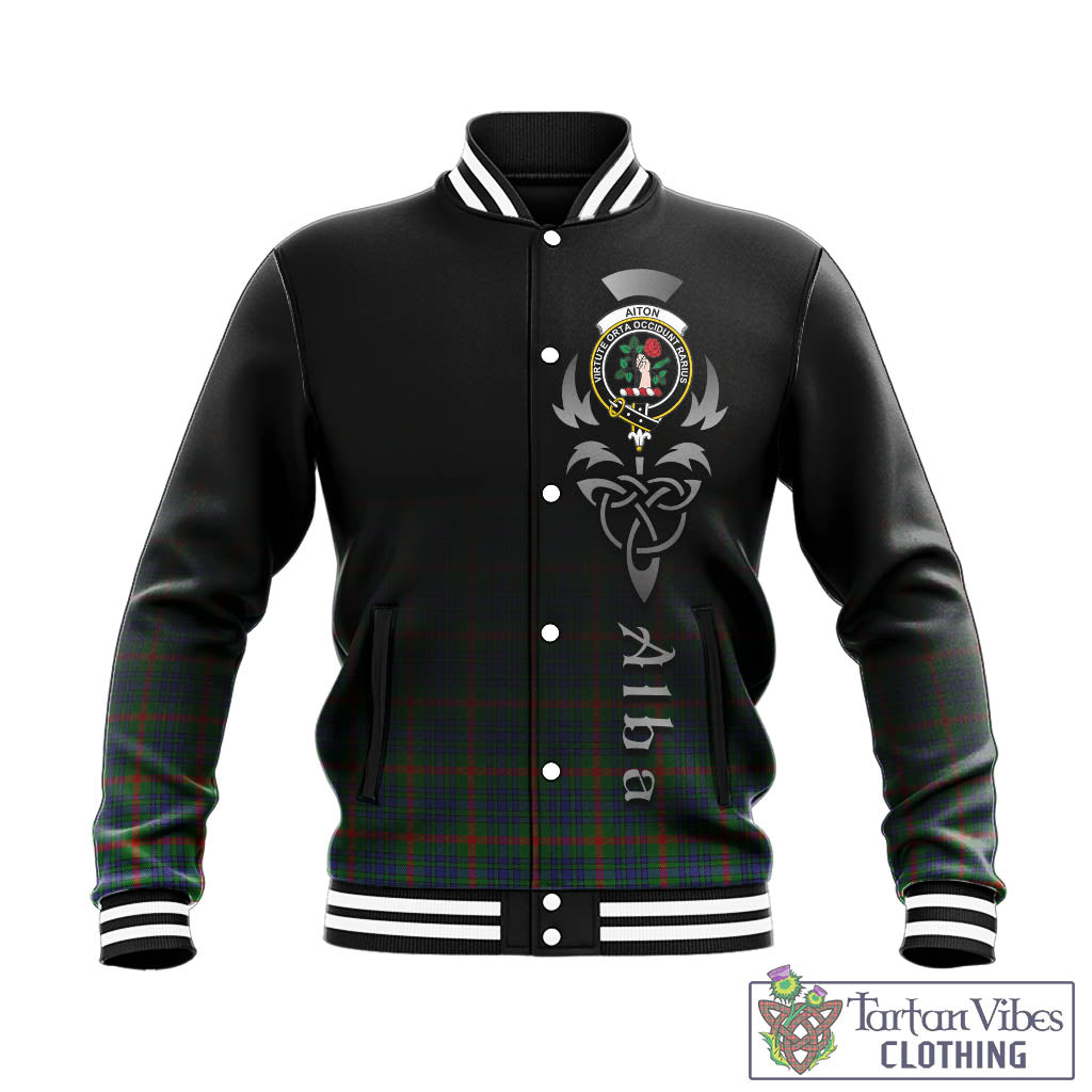 Tartan Vibes Clothing Aiton Tartan Baseball Jacket Featuring Alba Gu Brath Family Crest Celtic Inspired