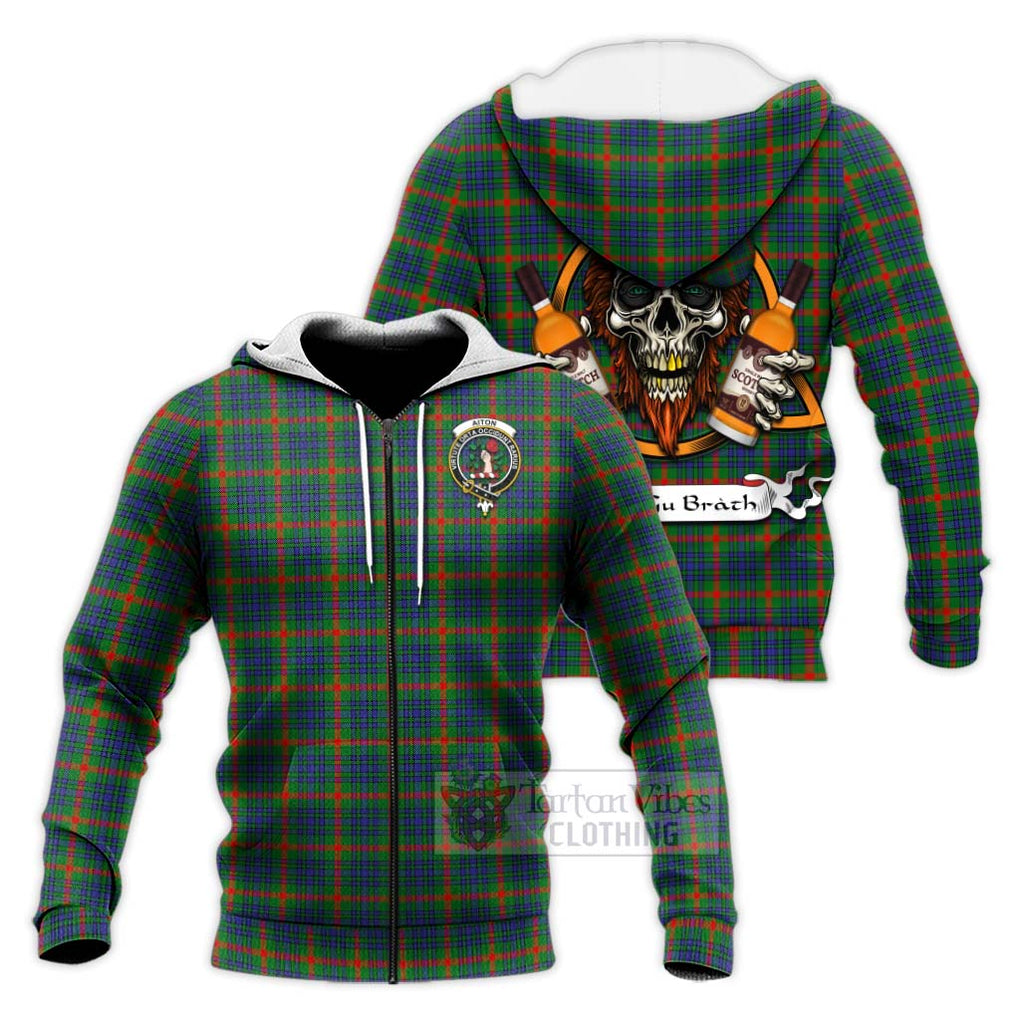 Tartan Vibes Clothing Aiton Tartan Knitted Hoodie with Family Crest and Bearded Skull Holding Bottles of Whiskey