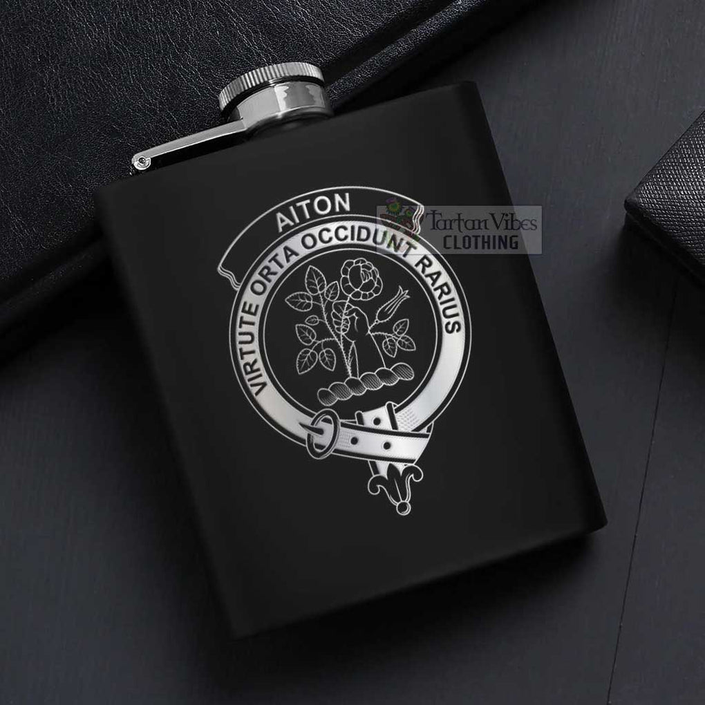 Tartan Vibes Clothing Aiton Crest Hip Flask Set 7oz Black Stainless Steel with A Gift Box