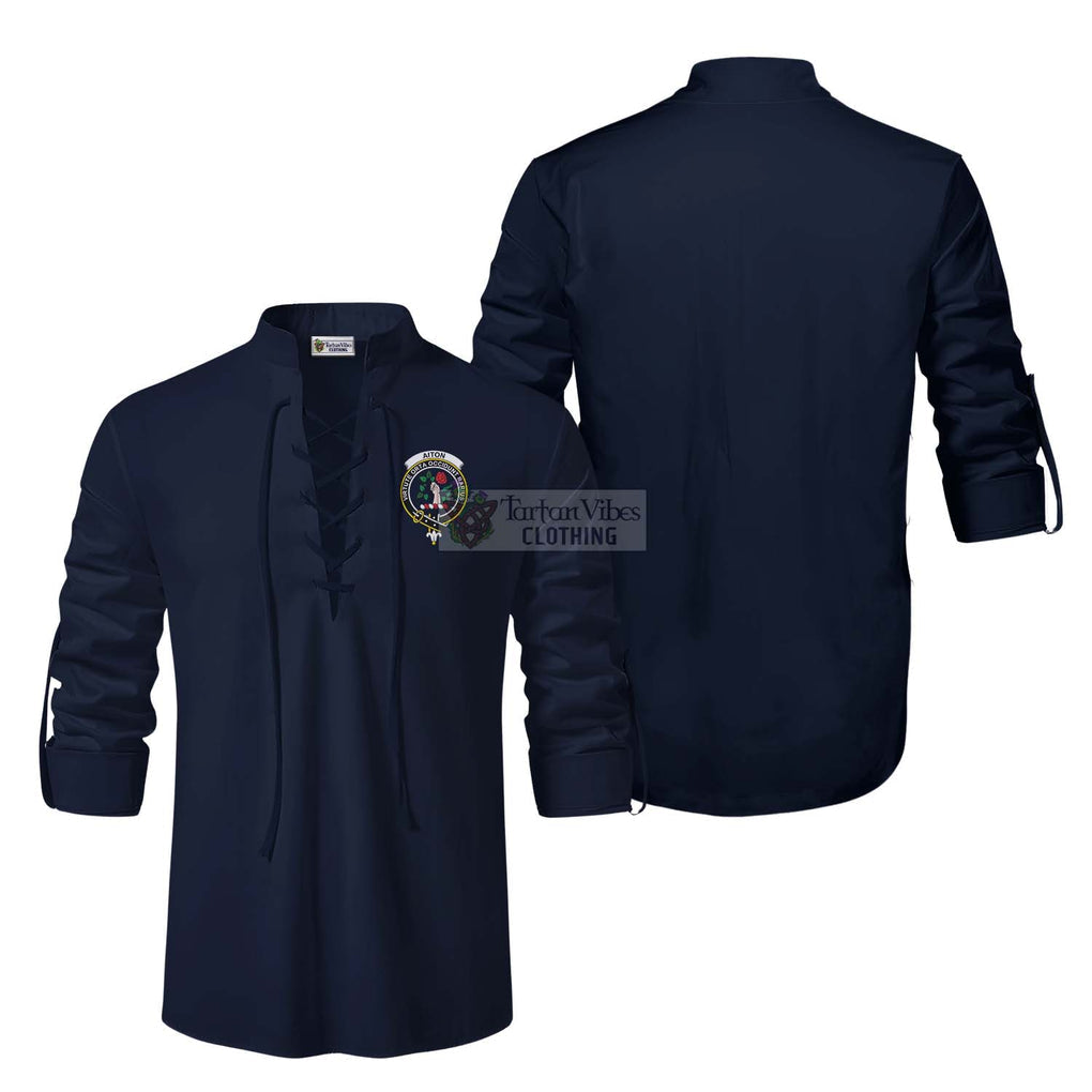 Aiton Clan Crest Ghillie Kilt Shirt Men Navy Blue - 2D-tartanvibesclothing
