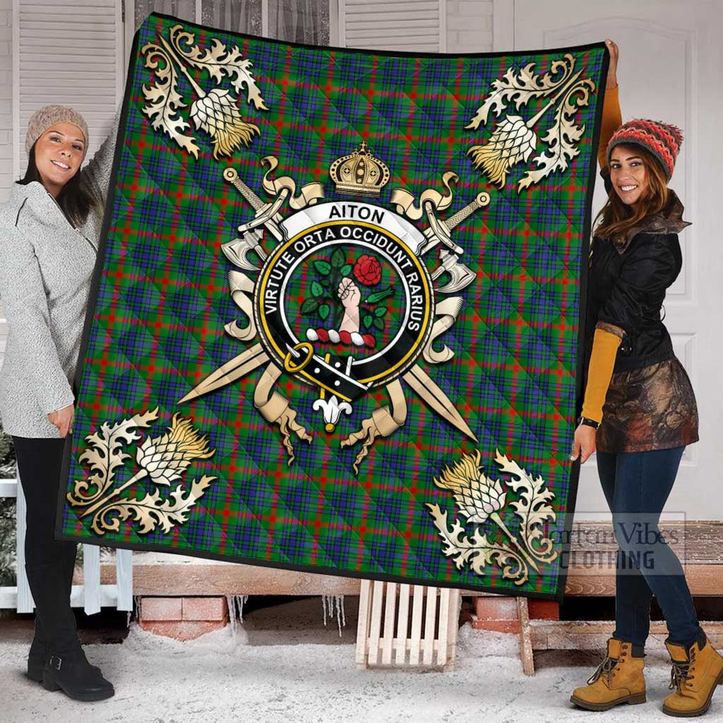 Tartan Vibes Clothing Aiton Tartan Quilt with Family Crest and Scottish Golden Courage Shield