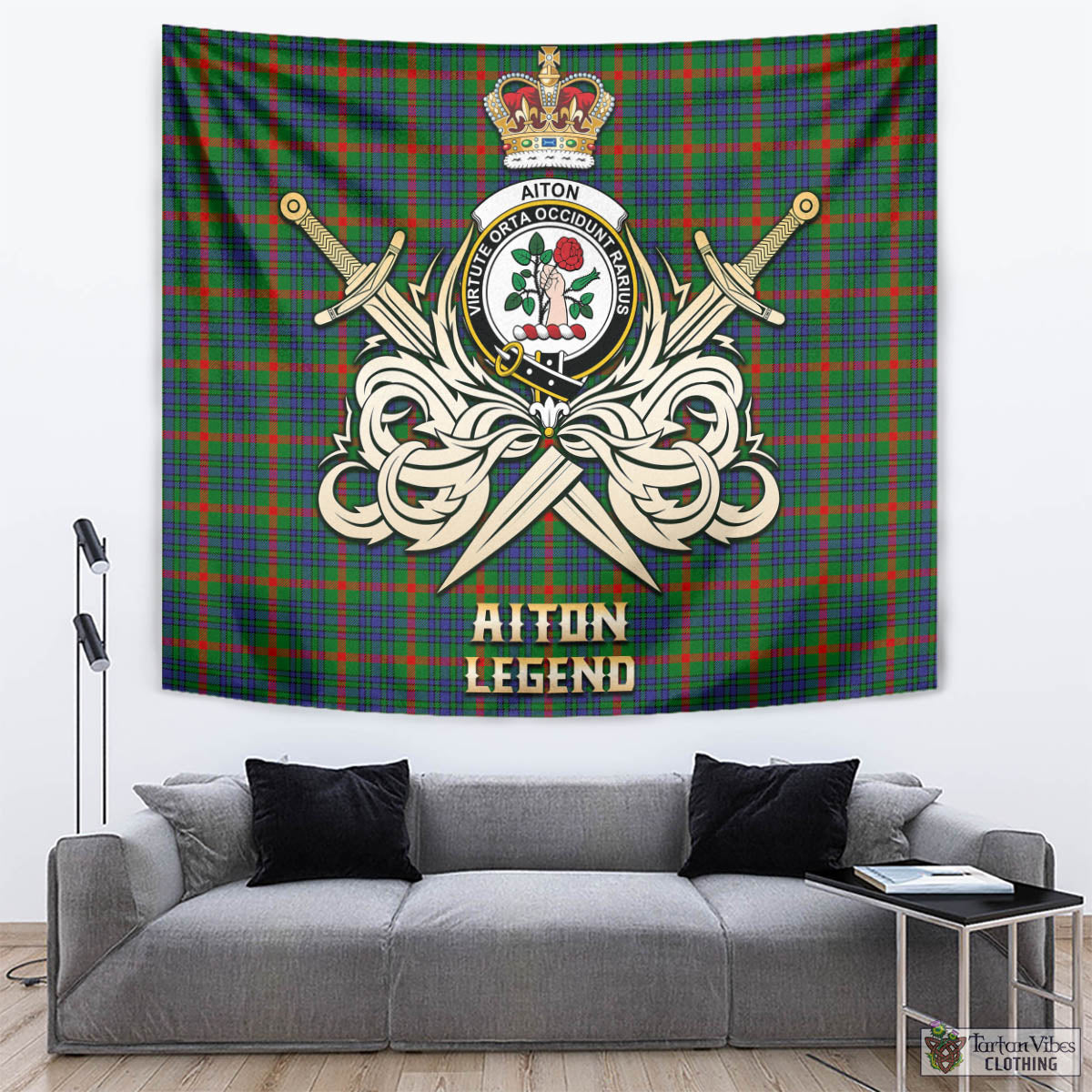 Tartan Vibes Clothing Aiton Tartan Tapestry with Clan Crest and the Golden Sword of Courageous Legacy