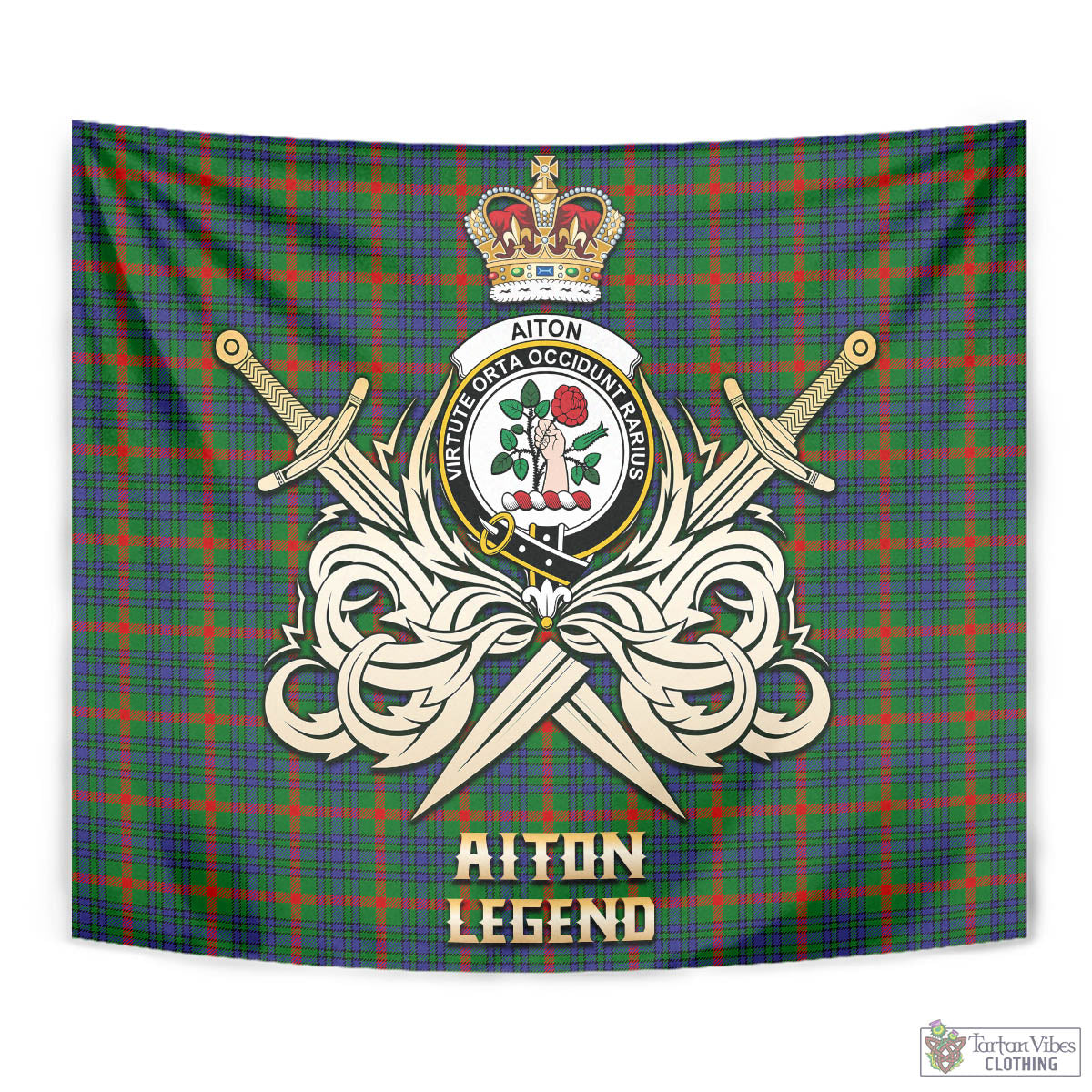 Tartan Vibes Clothing Aiton Tartan Tapestry with Clan Crest and the Golden Sword of Courageous Legacy