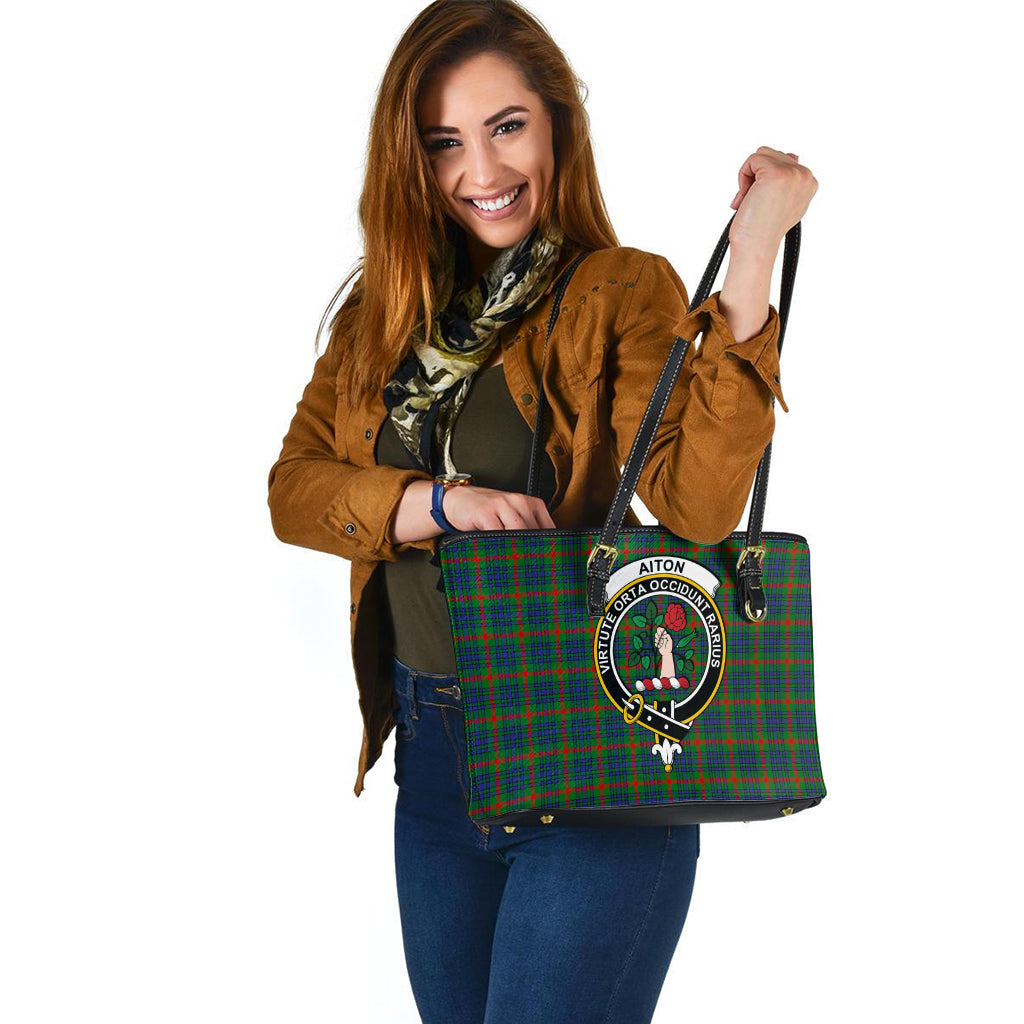 Aiton Tartan Leather Tote Bag with Family Crest - Tartanvibesclothing