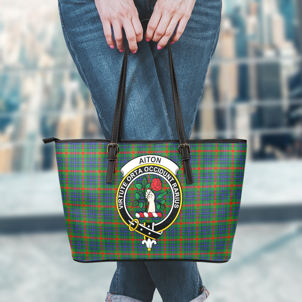 Aiton Tartan Leather Tote Bag with Family Crest - Tartanvibesclothing