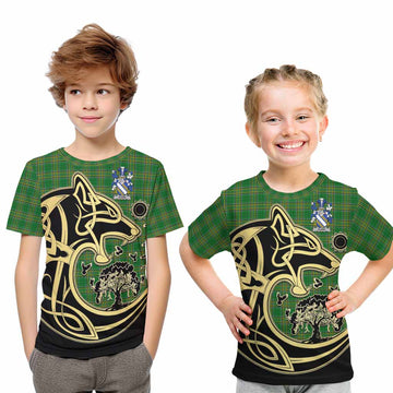 Aland Irish Tartan Kid T-Shirt with Coat of Arms Celtic Wolf Style