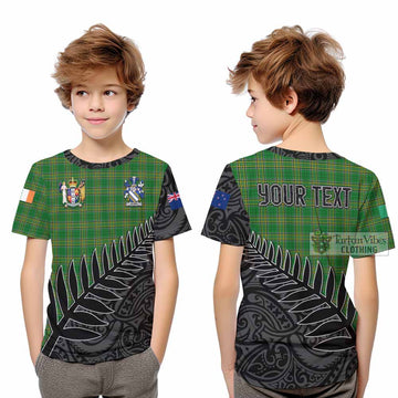 Aland Irish Clan Tartan Kid T-Shirt with Coat of Arms New Zealand Silver Fern Half Style