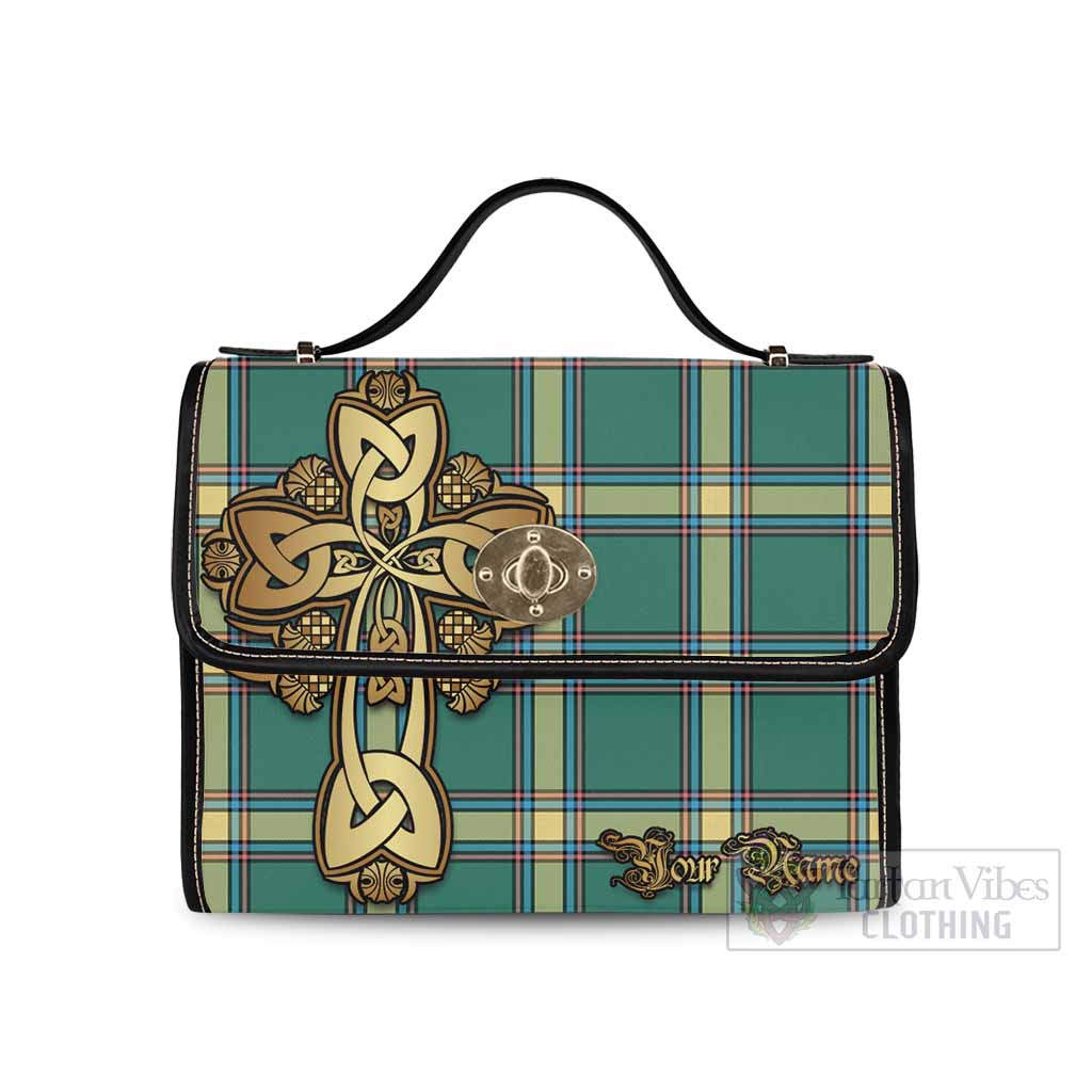 Tartan Vibes Clothing Alberta Province Canada Tartan Waterproof Canvas Bag Golden Thistle Celtic Cross Style