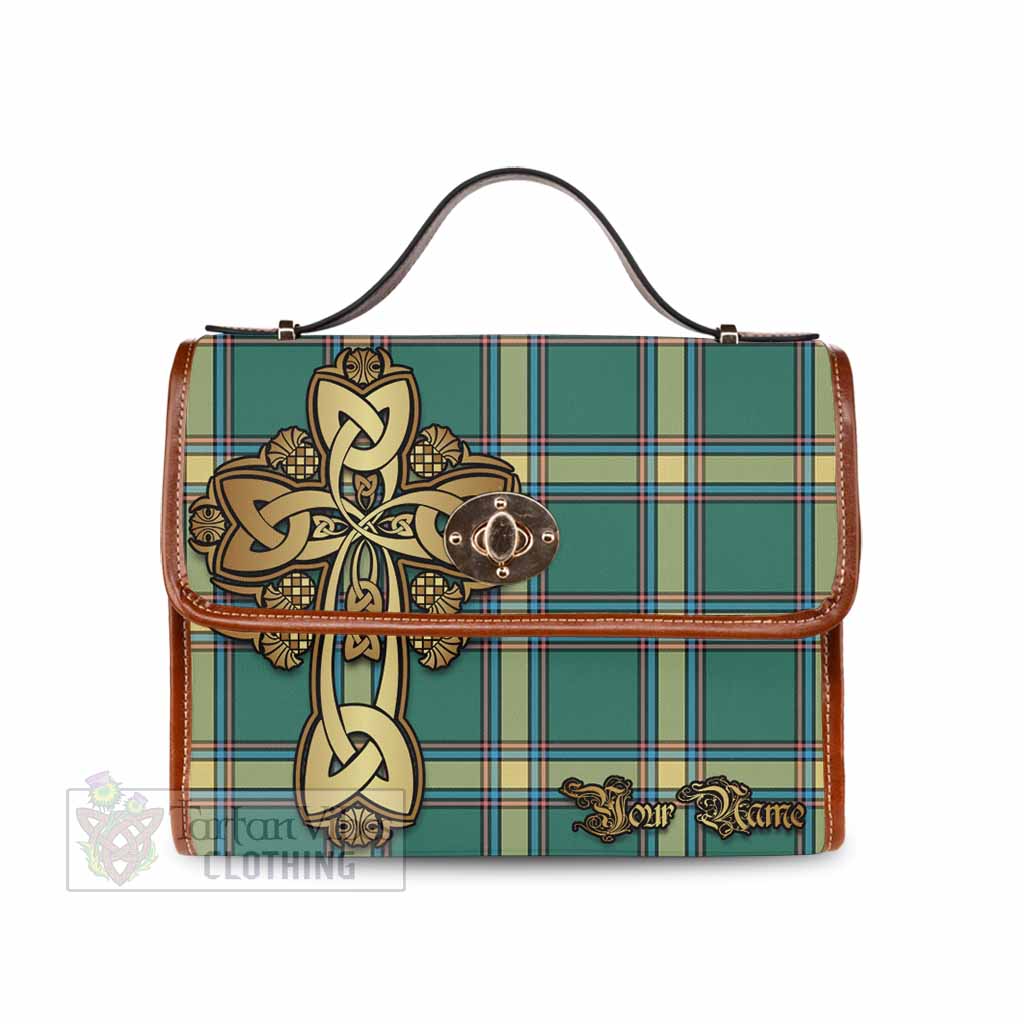 Tartan Vibes Clothing Alberta Province Canada Tartan Waterproof Canvas Bag Golden Thistle Celtic Cross Style