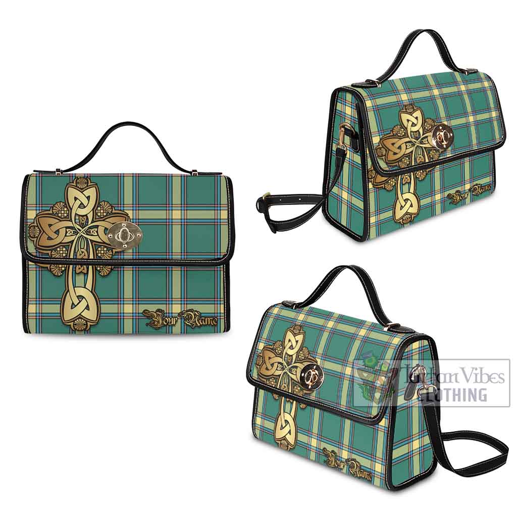 Tartan Vibes Clothing Alberta Province Canada Tartan Waterproof Canvas Bag Golden Thistle Celtic Cross Style