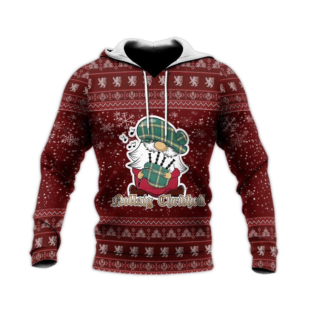 Alberta Province Canada Clan Christmas Knitted Hoodie with Funny Gnome Playing Bagpipes - Tartanvibesclothing