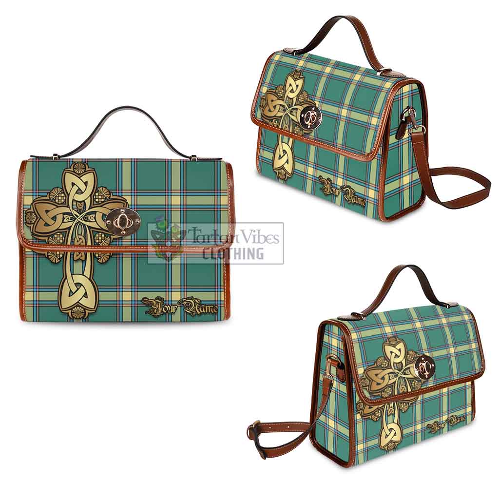 Tartan Vibes Clothing Alberta Province Canada Tartan Waterproof Canvas Bag Golden Thistle Celtic Cross Style