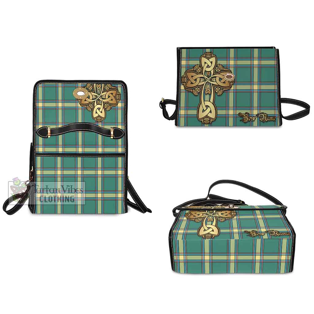 Tartan Vibes Clothing Alberta Province Canada Tartan Waterproof Canvas Bag Golden Thistle Celtic Cross Style