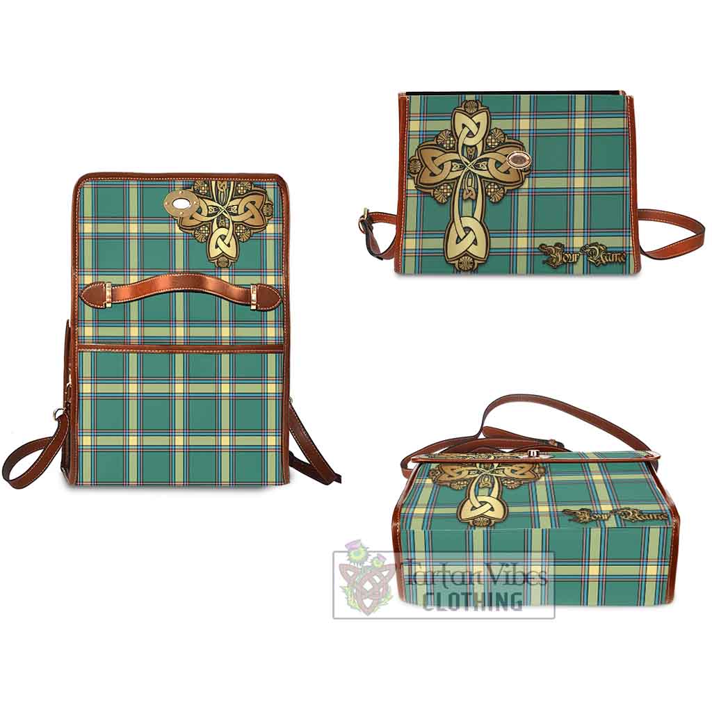 Tartan Vibes Clothing Alberta Province Canada Tartan Waterproof Canvas Bag Golden Thistle Celtic Cross Style