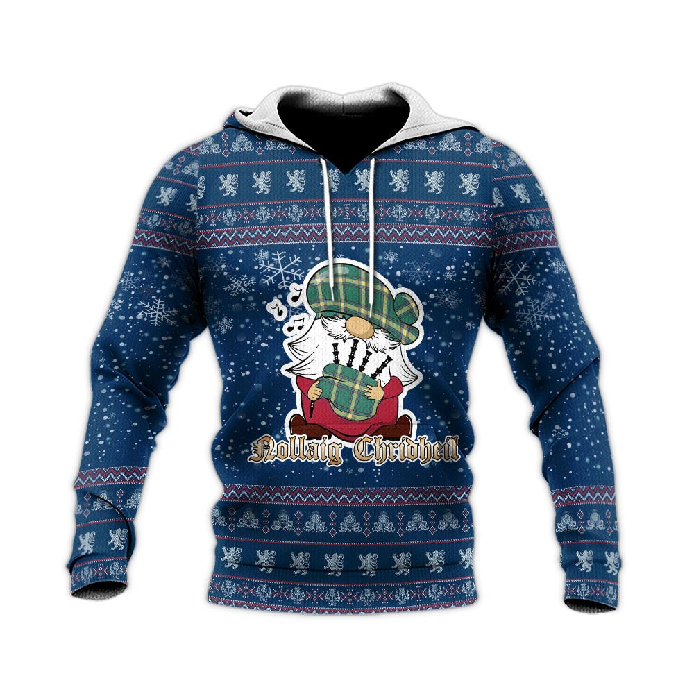 Alberta Province Canada Clan Christmas Knitted Hoodie with Funny Gnome Playing Bagpipes - Tartanvibesclothing