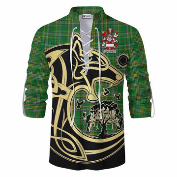 Alcock Irish Tartan Ghillie Kilt Shirt with Coat of Arms Celtic Wolf Style