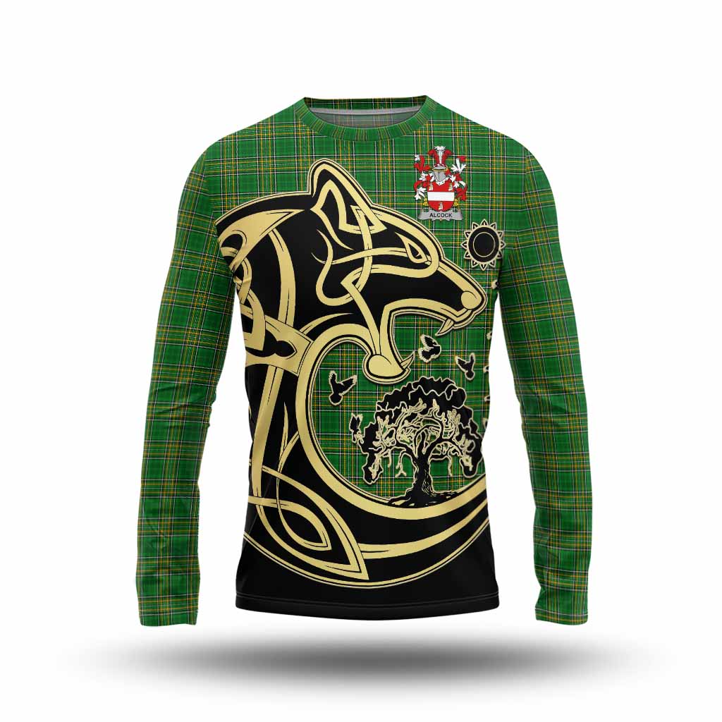 Tartan Vibes Clothing Alcock Irish Tartan Long Sleeve T-Shirt with Coat of Arms Celtic Wolf Style