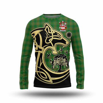 Alcock Irish Tartan Long Sleeve T-Shirt with Coat of Arms Celtic Wolf Style