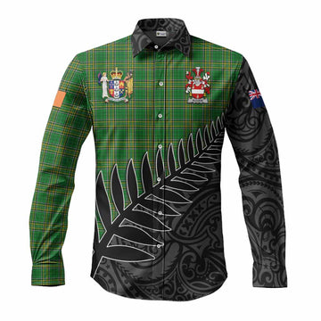 Alcock Irish Clan Tartan Long Sleeve Button Shirt with Coat of Arms New Zealand Silver Fern Half Style